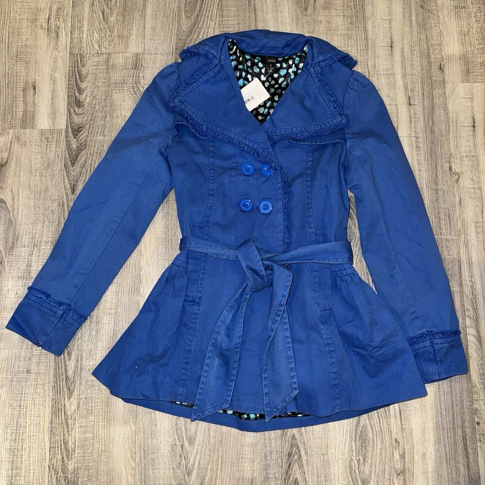 Aziz Women’s Blue Belted Trench Coat Jacket Size Small Ruffle Heart Lining